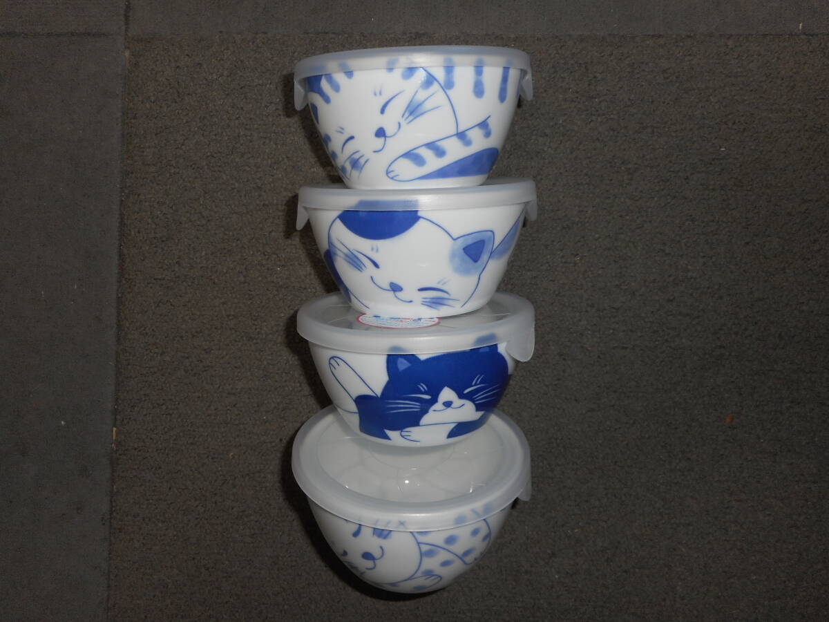 藍染ねこノンラップパック小４柄組 日本製美濃焼 新品未使用（トラとハチワレとブチとミケ）陶磁器製の画像1