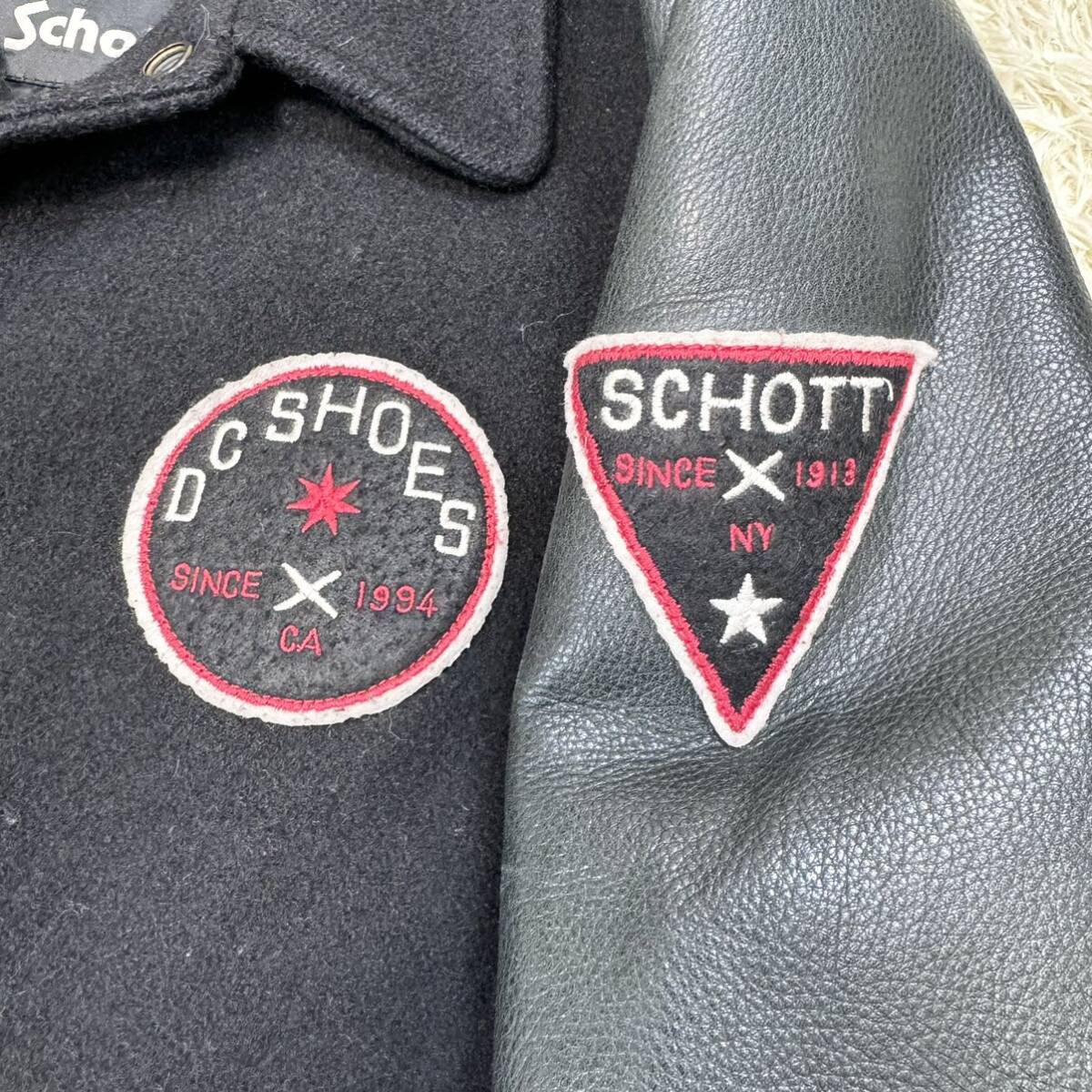 美品 DC × Schott スタジャン ジャケット コラボ DCシューズ ショット レザー キルティング メンズ Mサイズ 牛革 黒 ブラック ブルゾン