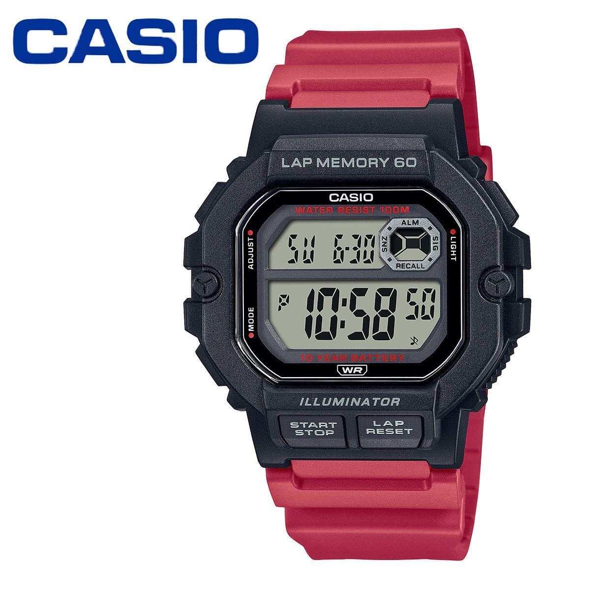 カシオ CASIO WS1400 レッド ラップメモリー メンズ 男性 腕時計 陸上 スポーツ 薄い 軽い 防水 デジタル スクエア ランニング アラーム_画像1