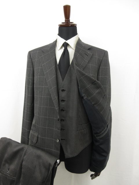 【ブリオーニ Brioni】 PALATINO 絹混 3ボタン段返り スーツ (メンズ) size52相当 ブラック 格子×織柄 イタリア製 ■27HR3405