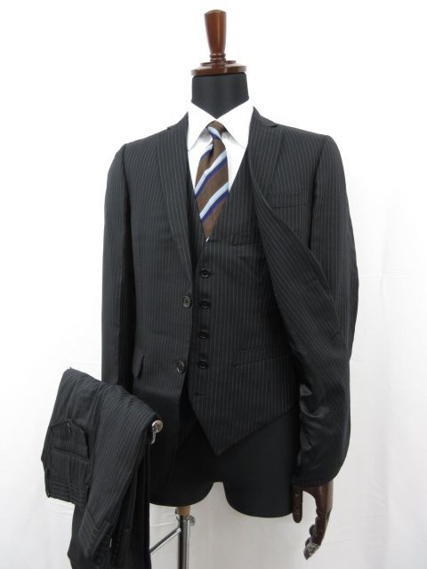 【スーツカンパニー THE SUIT COMPANY】 ウール 2ボタン 3ピーススーツ (メンズ) 170cm-6Drop ネイビー系 ストライプ柄 112128 ■27RMS8208_画像1