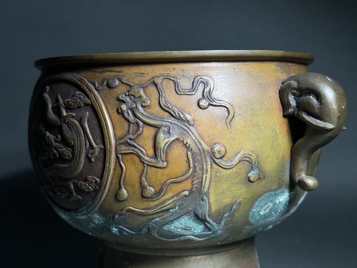 古銅 火鉢 宣徳銅 銅製 龍文 時代物_画像3