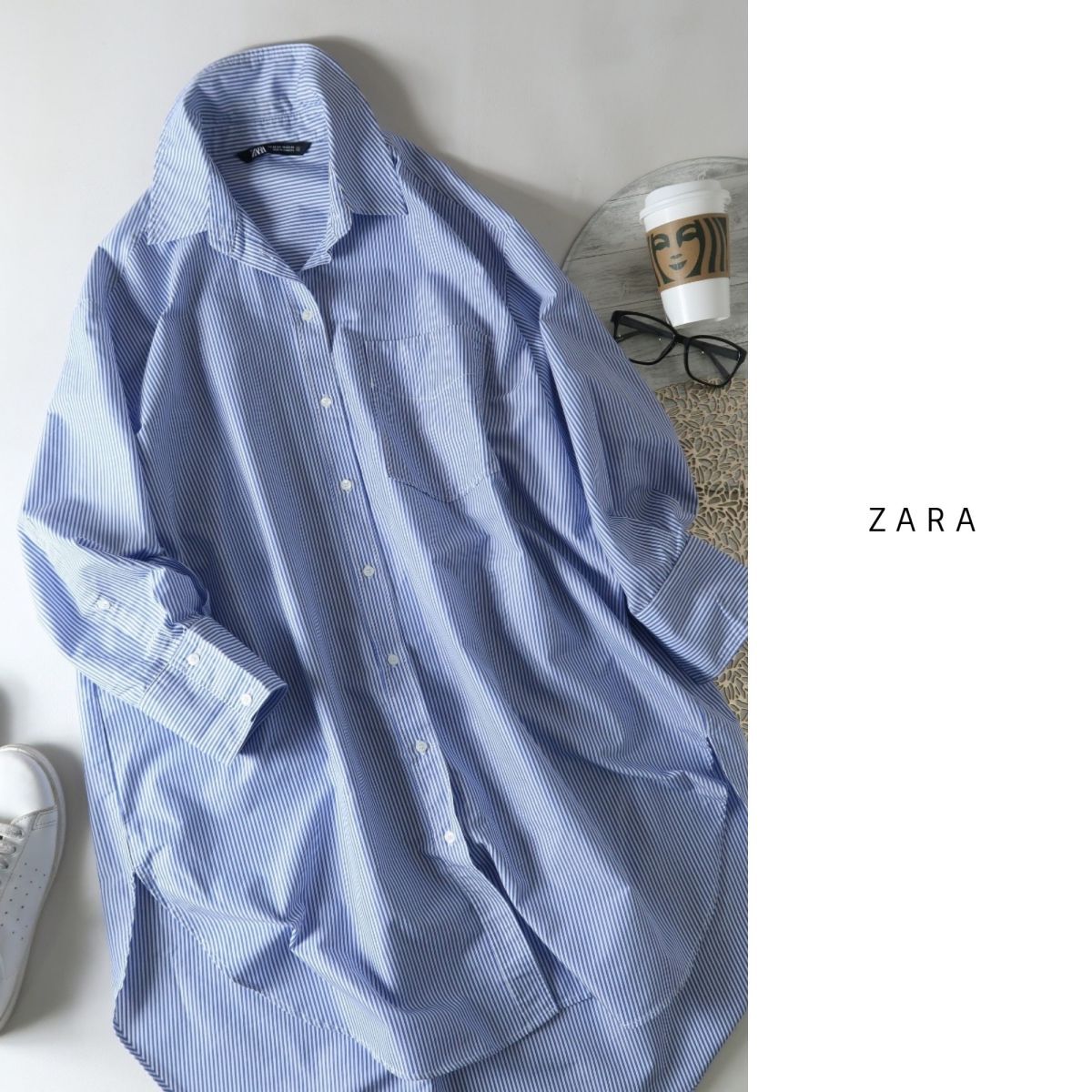 ザラ ZARA☆洗える ストライプ柄 オーバーサイズ コットンシャツチュニック ワンピース XSサイズ☆A-O 0953_画像1