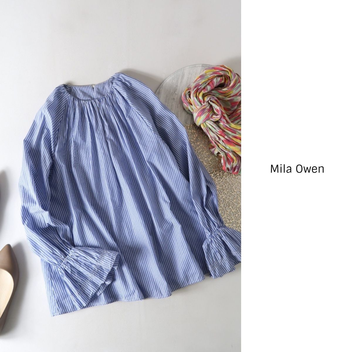 ミラオーウェン Mila Owen☆洗える 綿100% ネックギャザー袖フリルブラウス 0サイズ☆A-O 1390_画像1
