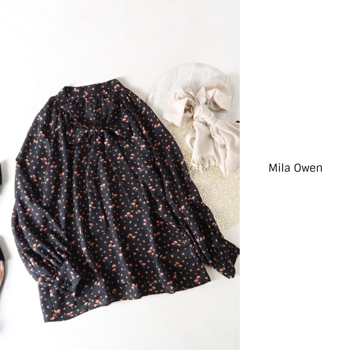 ミラオーウェン Mila Owen☆洗える 花柄 ボリュームスリーブボータイブラウス 0サイズ☆A-O 1383の画像1