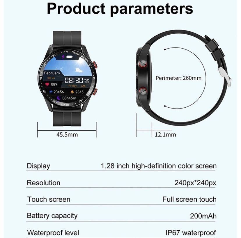 【即納】 スマートウォッチ Bluetooth通話 高画質 ECG PPG 心電図 スポーツ カロリー 心拍 血圧 歩数 睡眠 健康管理 ラバー BK_画像9