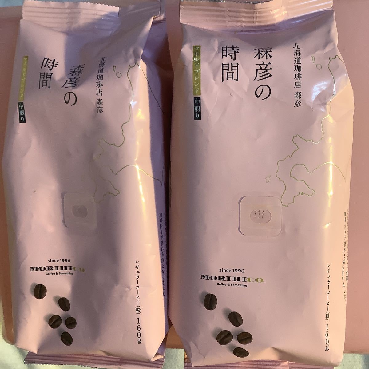 色変更可要連絡　レギュラー珈琲　粉160g2袋　森彦の時間　北海道珈琲店　中煎粗挽賞味24/09パケ4迄1-2-3-4出在庫3仕入除500円超10％オマケ