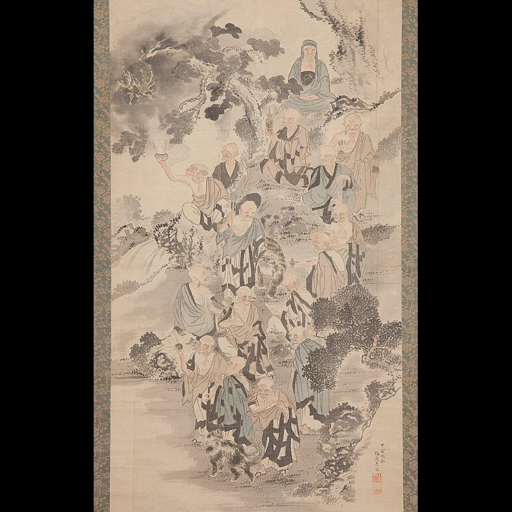 【五】山本梅逸 『十六羅漢之図』 絹本 淡彩 掛軸 箱付_画像1