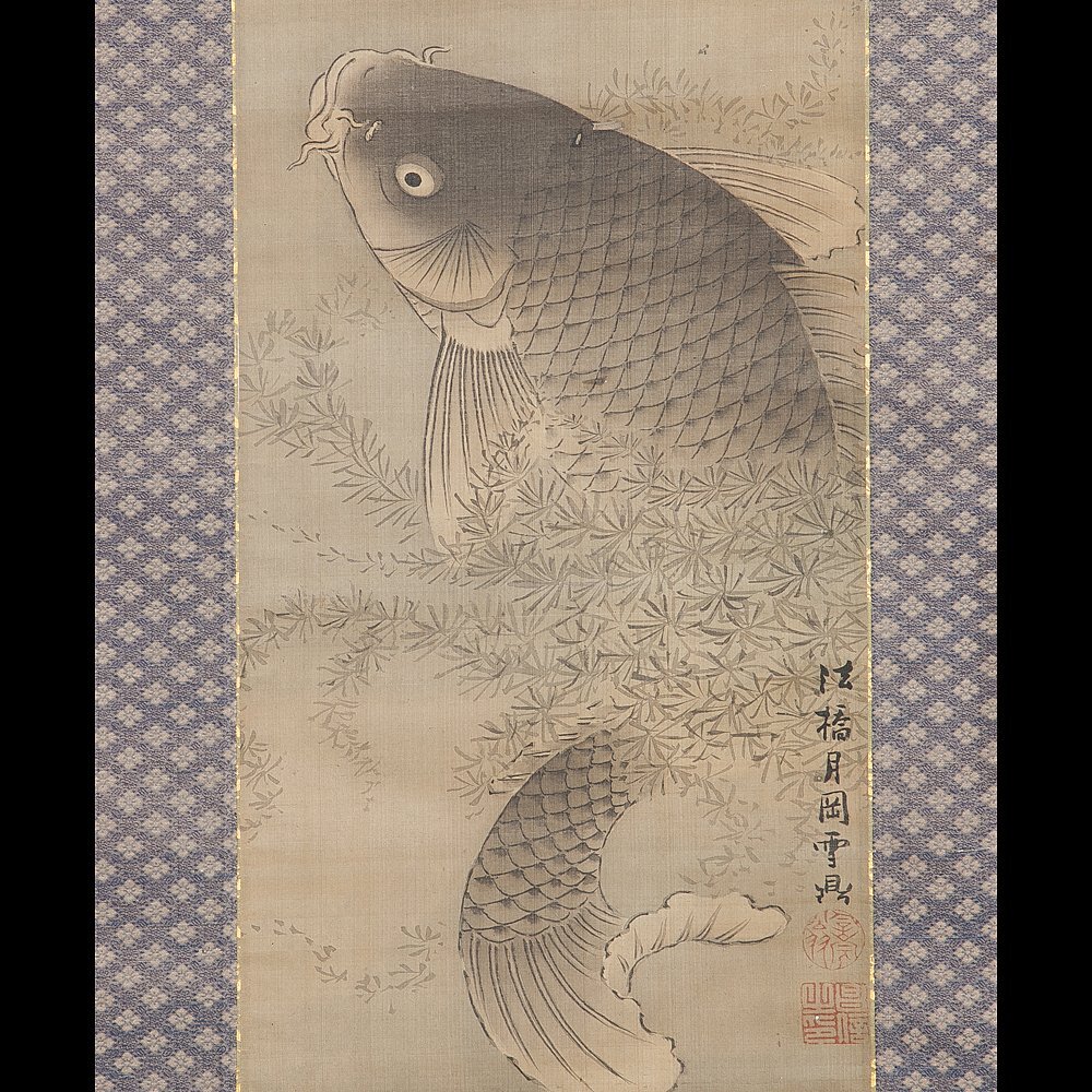 【五】月岡雪鼎 『鯉之図』 絹本 淡彩 掛軸 箱付の画像1