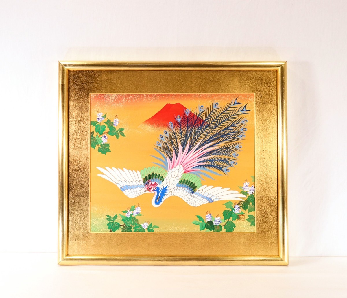 真作 あいはら友子 日本画「赤富士に鳳凰」画寸 10号 兵庫県出身 女優