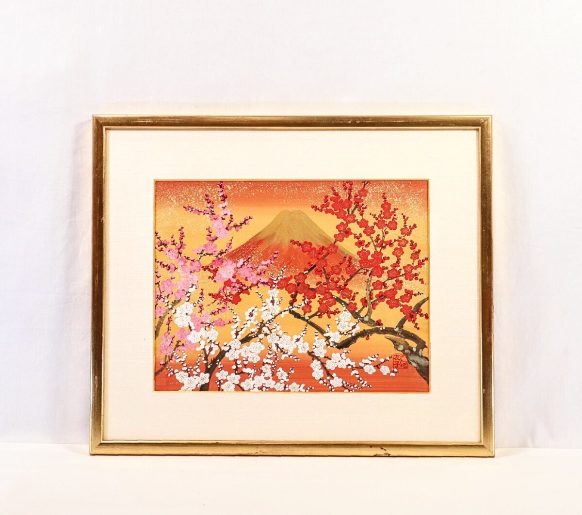 真作 あいはら友子 日本画「赤富士と三色梅」画寸 6号 兵庫県 真作 あいはら友子 日本画「赤富士と三色梅」画寸 6号 兵庫県