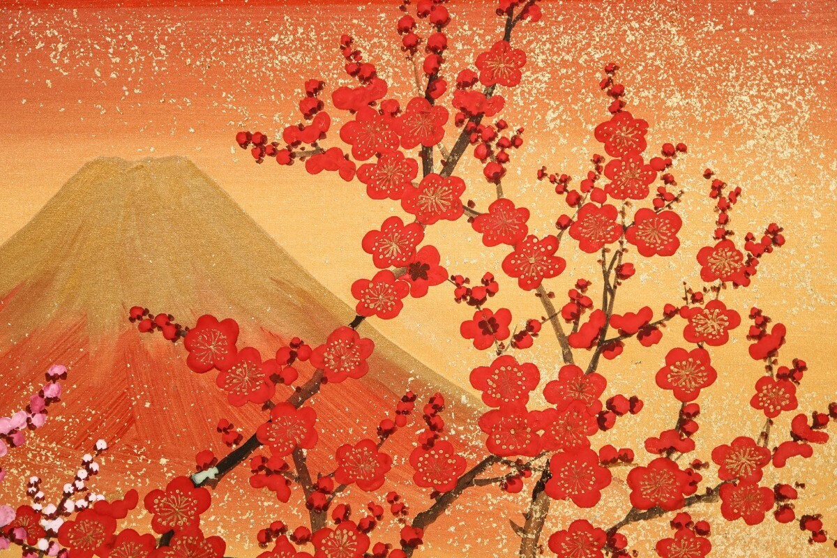 真作 あいはら友子 日本画「赤富士と三色梅」画寸 6号 兵庫県 真作 あいはら友子 日本画「赤富士と三色梅」画寸 6号 兵庫県