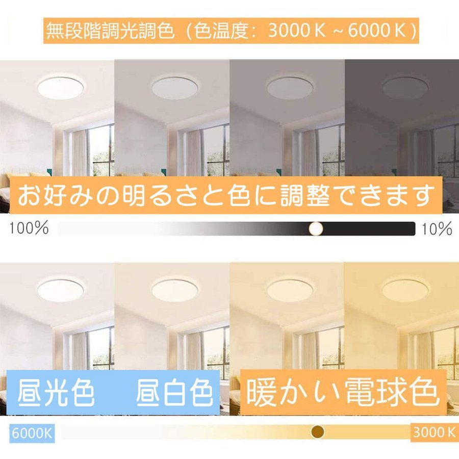 LEDシーリングライト 4.5畳 24W 2400ルーメン 連続調光調色機能 リモコン付き オフタイマー付き Ra 85 天井照明 寝室 リビング 居間の画像2