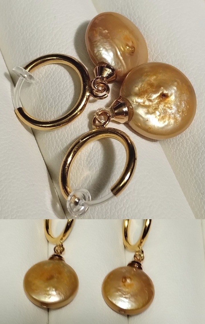 ◆照り艶綺麗 大人カラー 渋い色合い 淡水真珠 ゴールドカラー系 コインパール 貫通珠使用 フープイヤリング YH-107の画像8