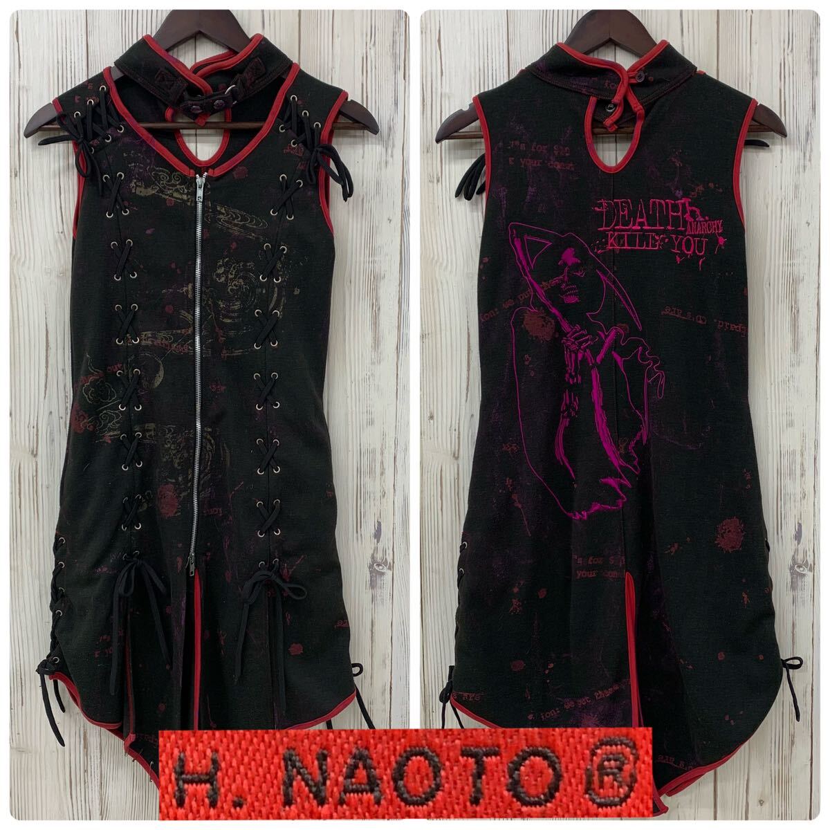 ◯ H.NAOTO エイチナオト H.ANARCHY チャイナパンク ノースリーブ ロングジレ ワンピース レディース ブラック サイズ表記なし チョーカー _画像1