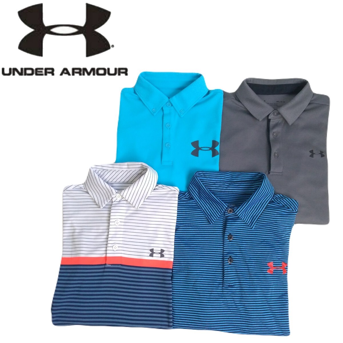 新品同様と極美品 豪華4点 UNDER ARMOUR 吸水速乾 ストレッチ ボーダー 半袖ポロシャツ メンズM アンダーアーマー ゴルフウェア 2403171_画像1