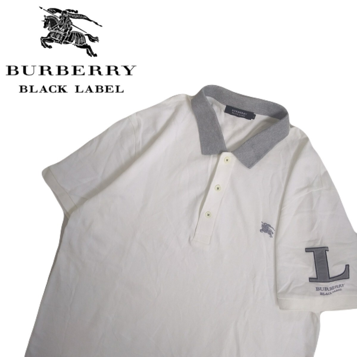特大サイズ 極美品 名作 BURBERRY BLACK LABEL イニシャル 鹿の子 半袖ポロシャツ メンズ4 バーバリー ブラックレーベル ホワイト 2403275_画像1