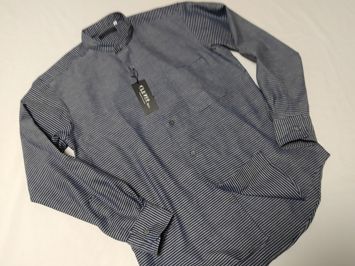 Ｌ寸・新品／日本製・スタンドカラーシャツ■ネイビー色マイクロボーダー_画像4