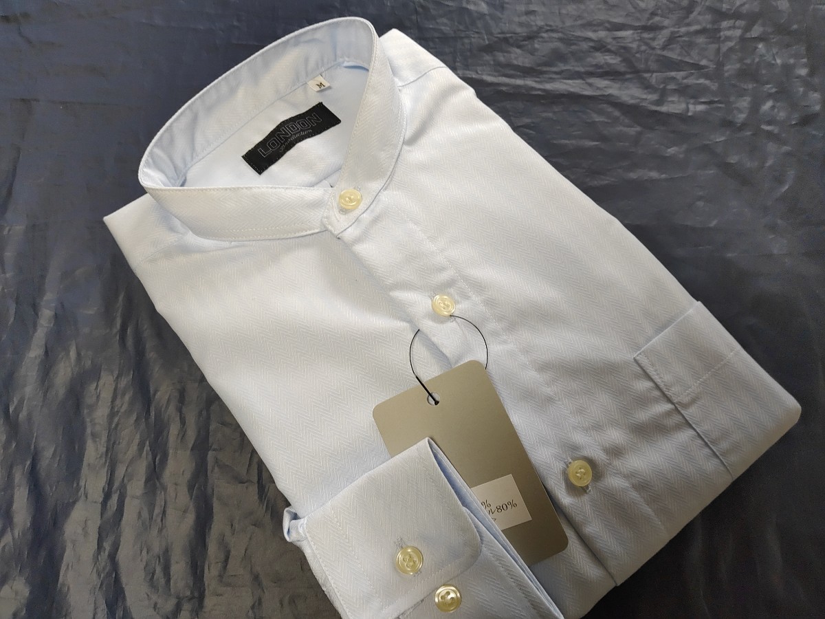 訳あり、Ｌ寸・新品／日本製・スタンドカラーシャツ■ライトブルー色ヘリンボーンの画像1