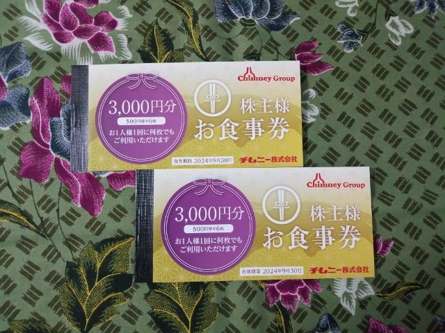 チムニー株主食事券500円X6枚X2冊=6000円分　株主優待券　さかなや道場　やきとり道場　はなの舞　安べゑ　優待券_画像1