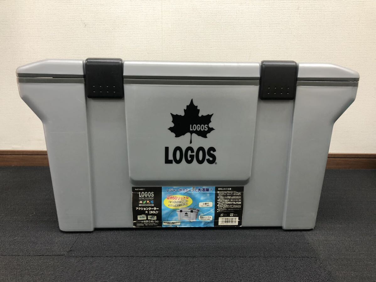 T■② LOGOS ロゴス アクションクーラー ボックス 50L 大 保冷 アウトドア キャンプ BBQ レジャー スポーツ グレー 小蓋付き 中古品_画像2