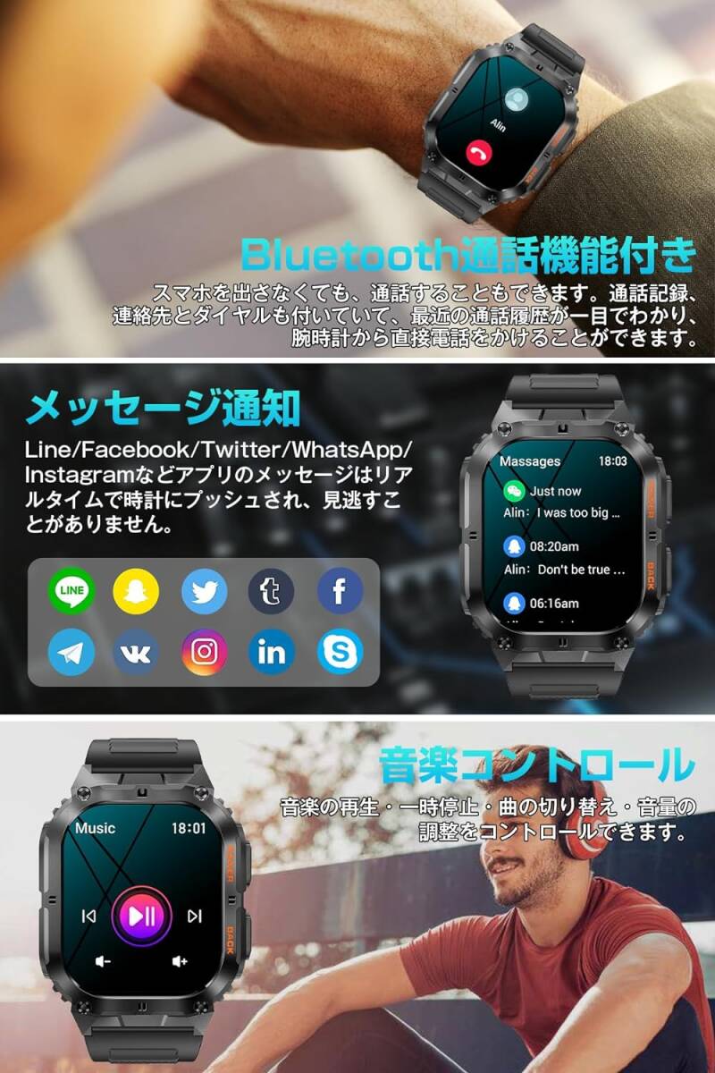 新品未使用・送料無料 スマートウォッチ 軍用規格耐衝撃&防水防塵 1.96インチ 通話 380mAh BlueTooth iPhone/Android K61Pro 日本語対応の画像4