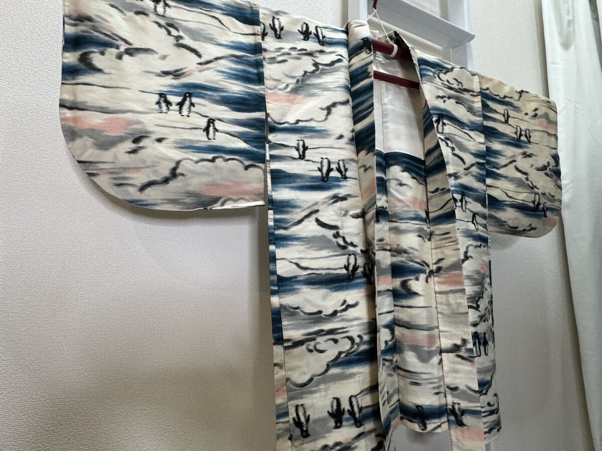  редкость пингвин .. перо ткань поверхность белый рисунок античный кимоно осмотр ) кимоно obi античный obi .