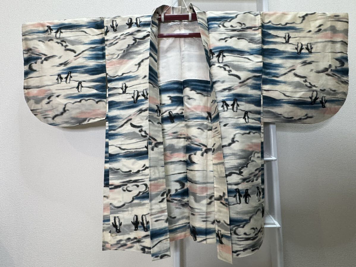  редкость пингвин .. перо ткань поверхность белый рисунок античный кимоно осмотр ) кимоно obi античный obi .