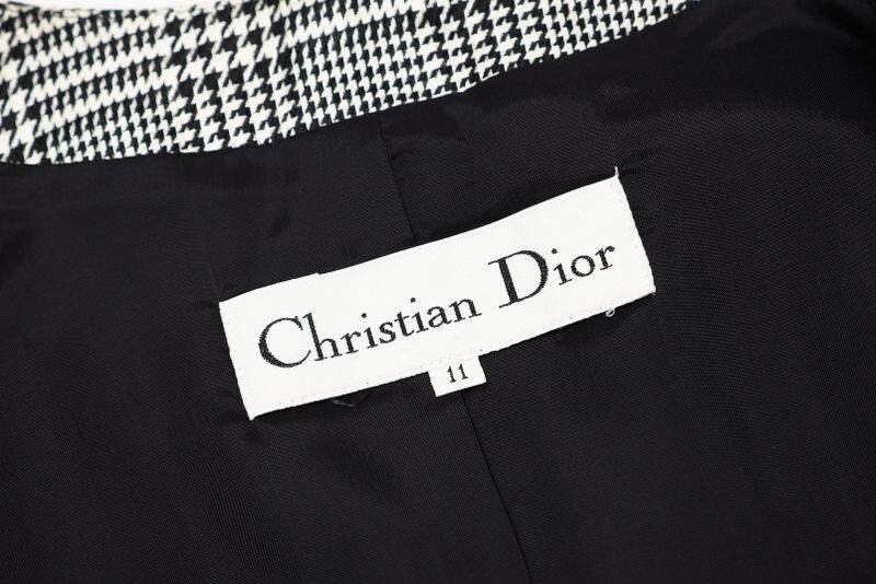 TH3183#クリスチャンディオール Christian Dior*リネン*ノーカラージャケット*半袖*千鳥格子*ブラック×ホワイト系*11_画像8
