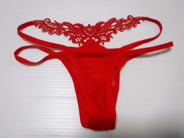 ■未使用■編み刺繍レース真紅メッシュのTバックパンティ M_画像2