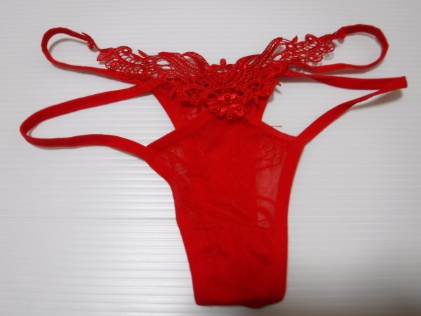 ■未使用■編み刺繍レース真紅メッシュのTバックパンティ M_画像1
