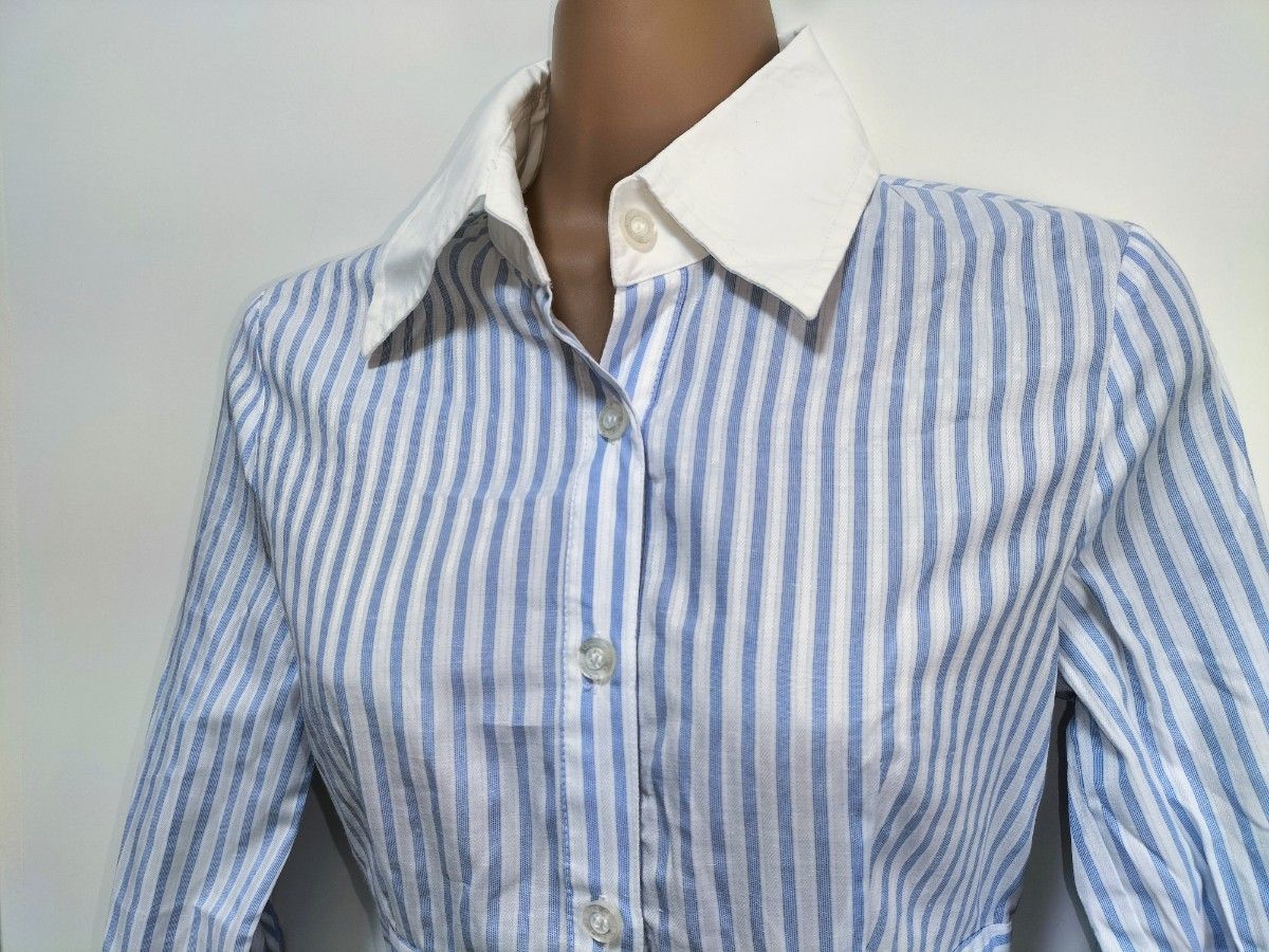 セシルマクビー　チュニックシャツ ストライプ 青 白 ブルー 七分袖 ブラウス　オフィスカジュアル