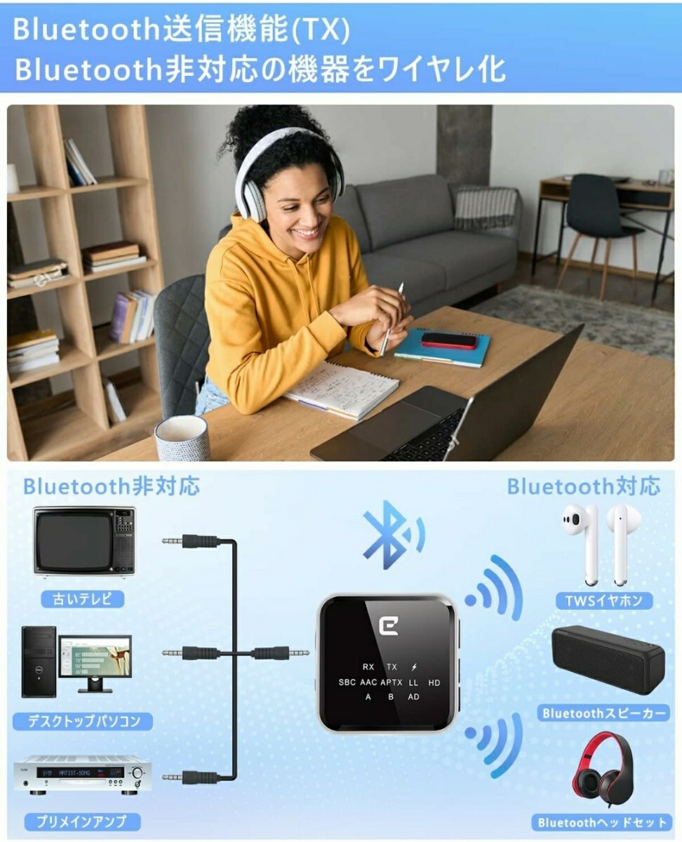 Eletoker Bluetooth 5.2 トランスミッター レシーバ ー aptx-LL aptX HD aptX-Adaptive対応 ハンズフリー通話対応 低遅延 受信機 送信機 の画像5