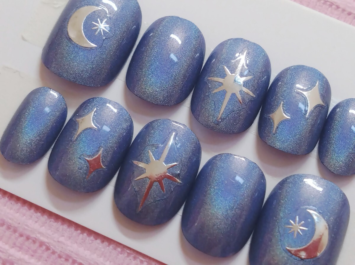 M size very short * blue Unicorn metallic color month star Kirakira motif artificial nails false nails hand made 