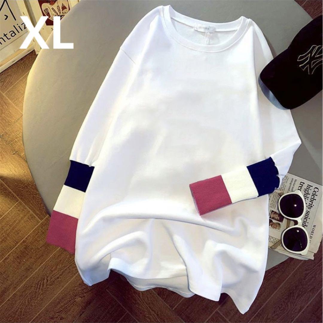 XL レディース 白 大きいサイズ 長袖 ロング tシャツ ゆったり 袖 リブ オーバーサイズ トップス カットソー ロンT 配色 プルオーバー _画像2