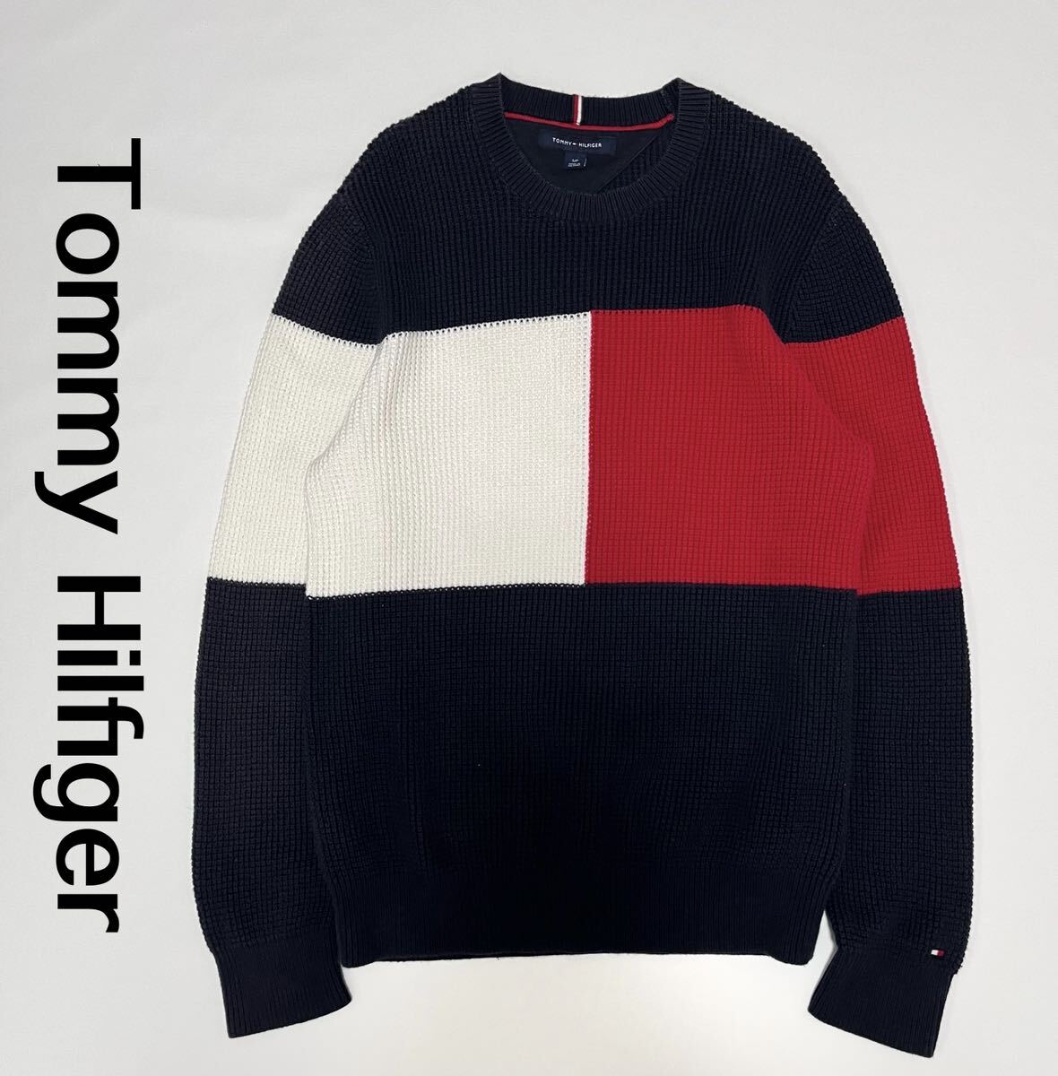 トミーヒルフィガー　Tommy Hilfiger ニット セーター クルーネック 長袖 S ワッフル　メンズ　レディース トリコカラー_画像1