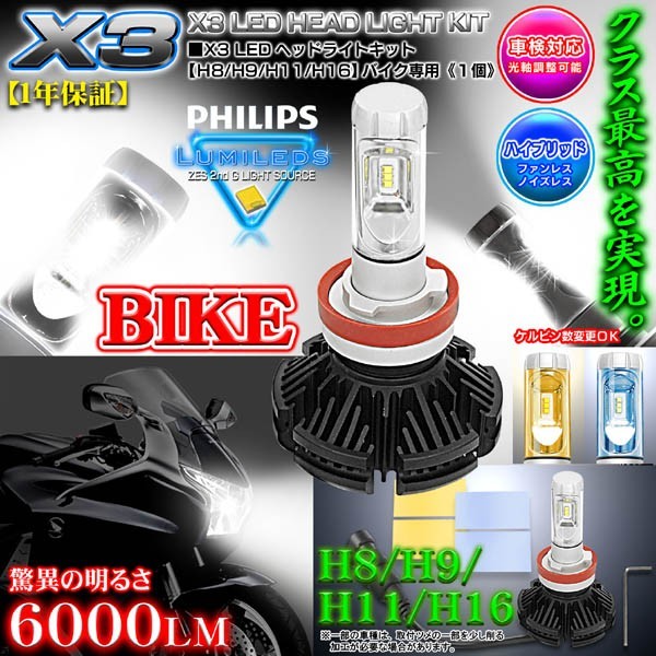 ヤマハH11/H16 バイク用X3 PHILIPS 6000ルーメンLEDヘッドライトキット25W/6500K車検対応1個_画像1