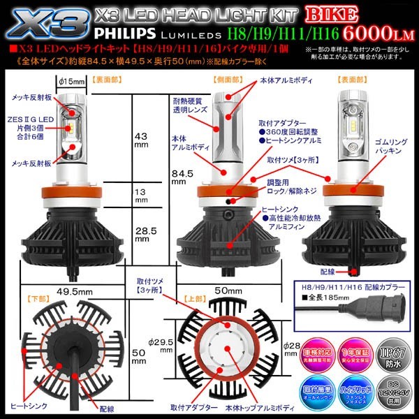 ヤマハH11/H16 バイク用X3 PHILIPS 6000ルーメンLEDヘッドライトキット25W/6500K車検対応1個_画像4