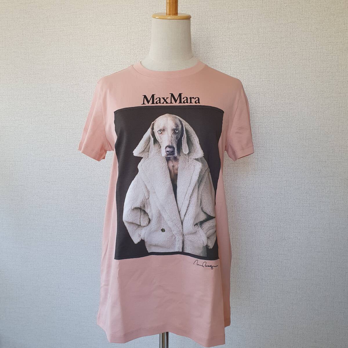 訳アリ★【新品・未使用】MAXMARA　レディース VALIDO MMDOGプリント コットンTシャツ サーモンピンク Sサイズ　2319460339