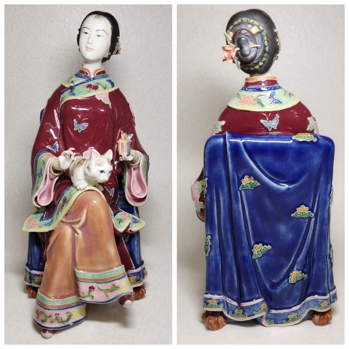 貴婦人像 女性像 人形 陶器人形 陶器 置物 装飾 中国? 猫 色絵 オブジェ アンティーク インテリア ジャンク 民間整理品b_画像2