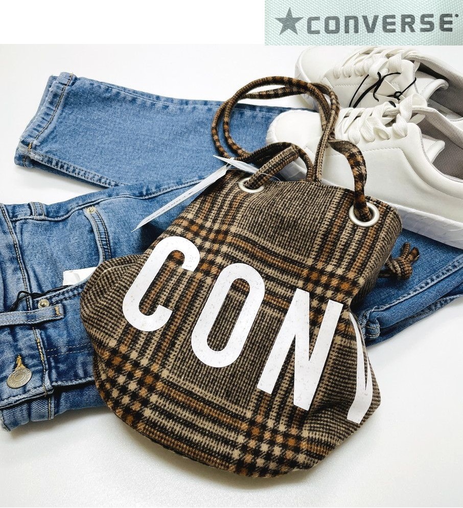 未使用品 CONVERSE ブラウン チェック 巾着バッグ トートバッグ ビッグロゴ レディース メンズ シンプル 大人カジュアル タグ コンバース_画像1