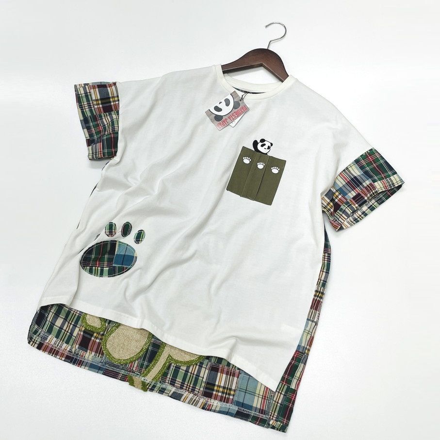 未使用品 /M/ PANDIESTA ホワイト 半袖Tシャツ チェック切換 メンズ レディース カジュアル アウトドア キャンプ タグ 刺繍 パンディエスタ