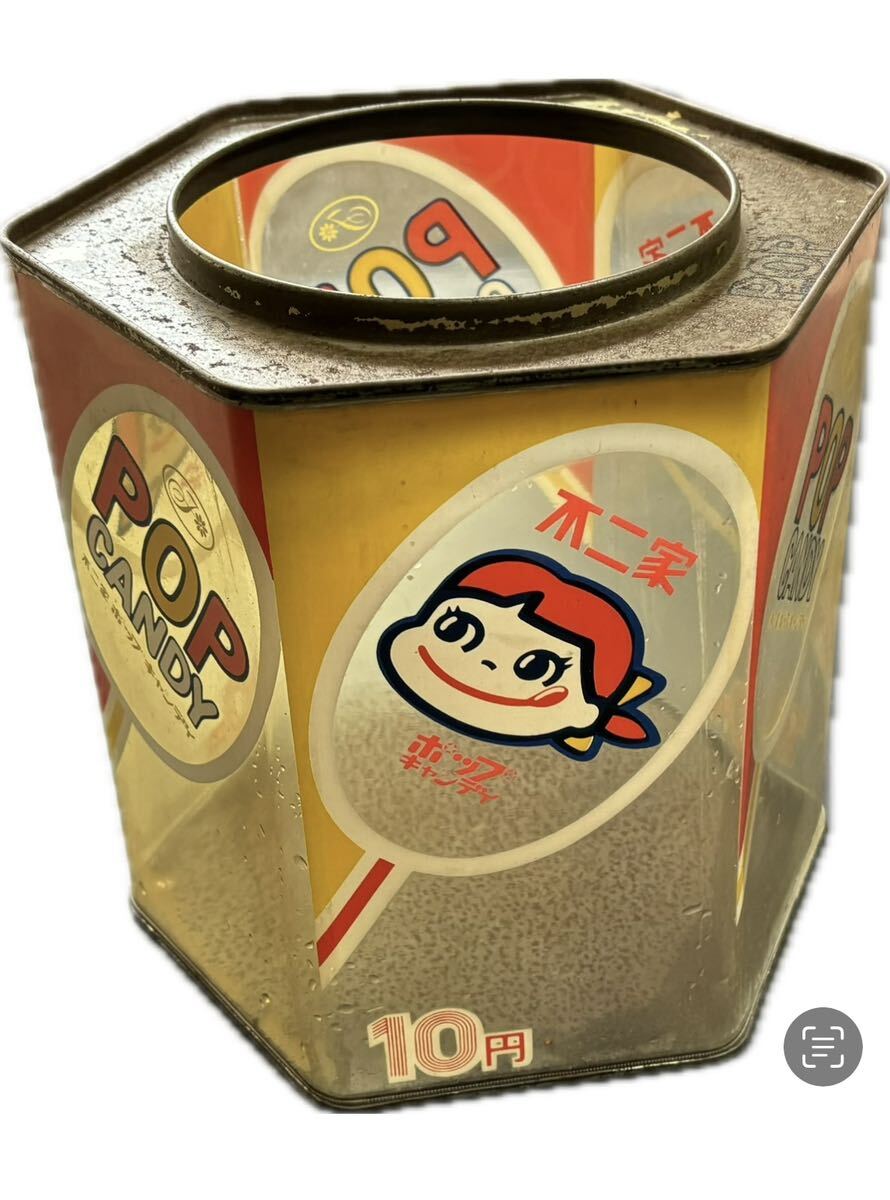 【兎】当時物 不二家 POPCANDY ブリキ 空き缶 昭和レトロ ペコちゃん 駄菓子屋の画像1