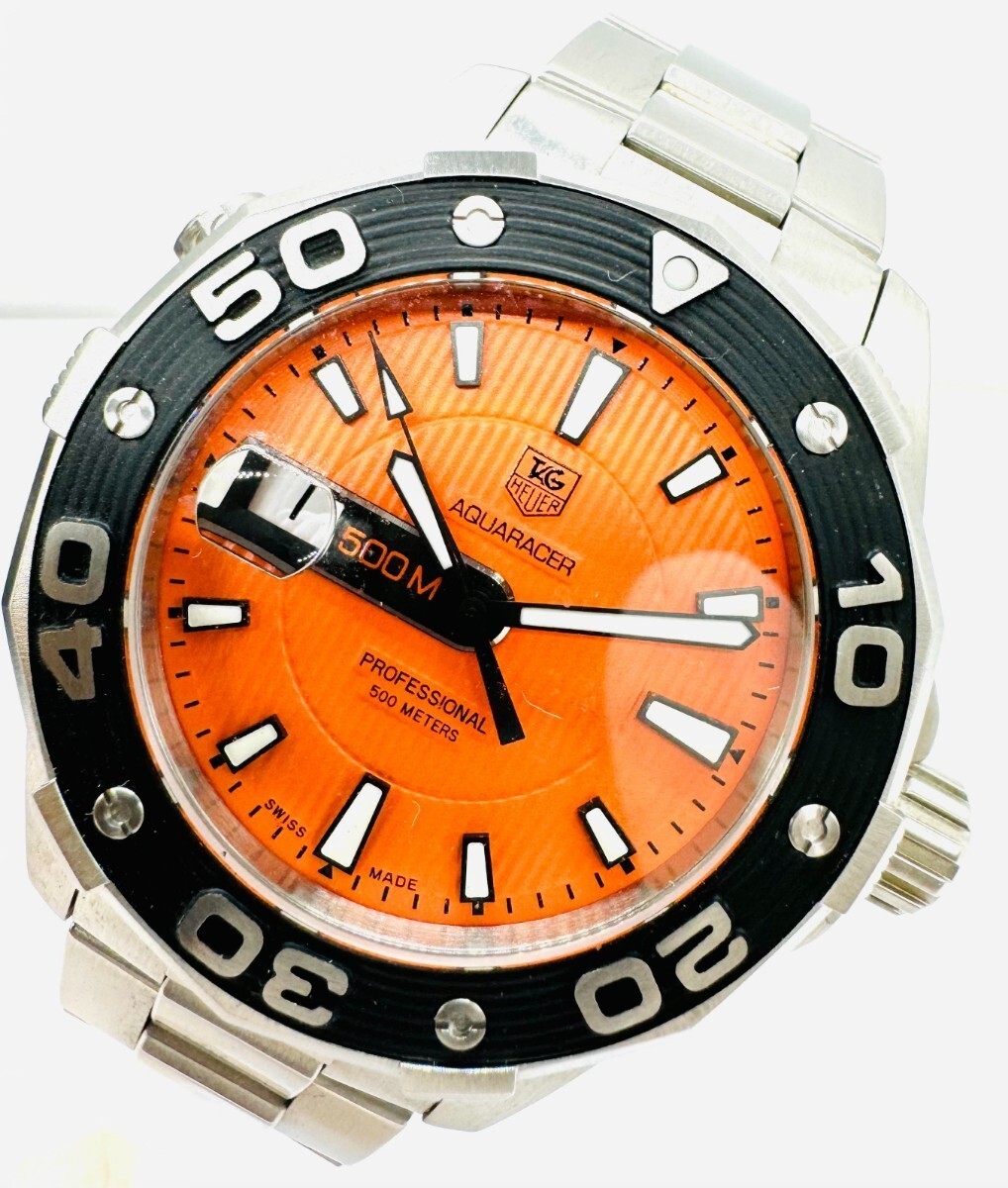 稼働 良品 箱付 タグホイヤー QZ WAJ1113 アクアレーサー プロフェッショナル500M オレンジ文字盤 デイト メンズ腕時計_画像1