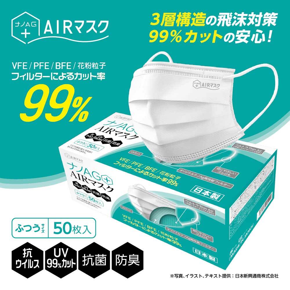 ナノAG AIR マスク 日本製 50枚×2箱 普通サイズ 使い捨て 不織布マスク 銀イオン抗菌 耳にやさしい 花粉 PM2.5 BFE/VFE/PFE/UV 99％カット_画像2