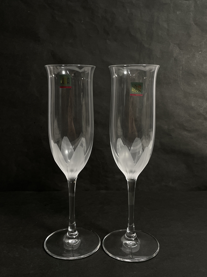 ● コレクター必見 未使用 HOYA ホヤ シャンパングラス 2客 PAIR GLASS グラス ガラス製 高さ約22cm 元箱 ma38の画像2