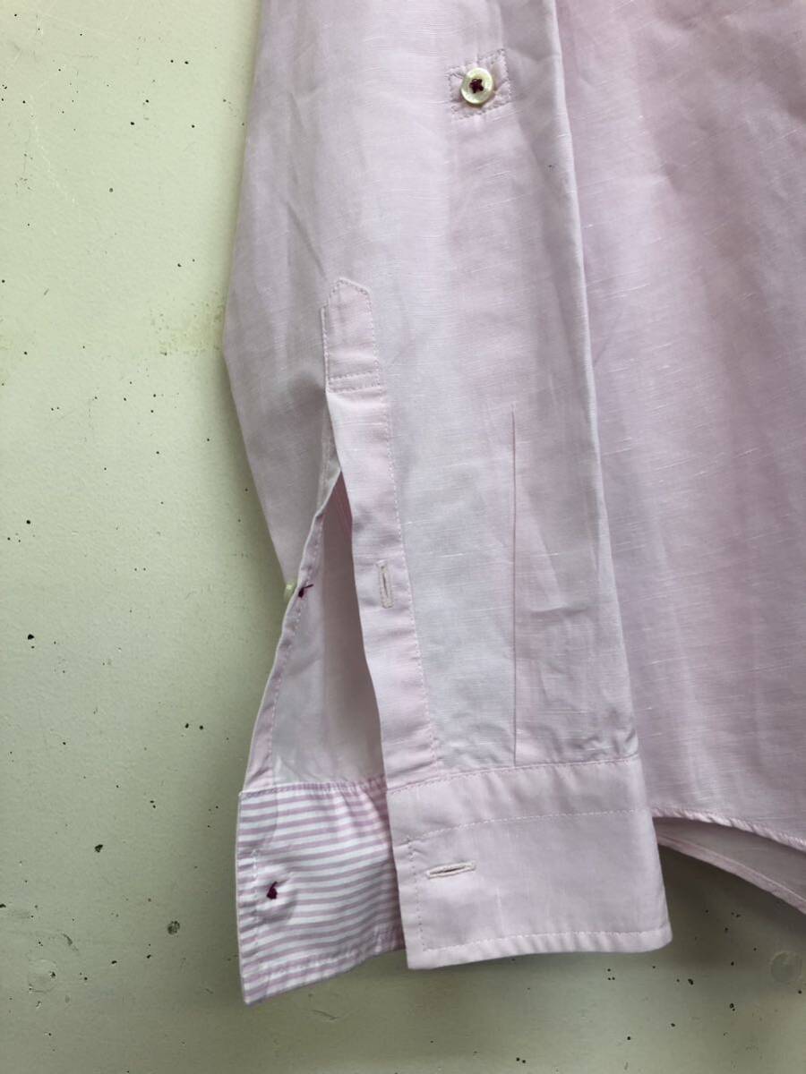 BURBERRY BLACK LABEL ホースマーク刺繍　リネン混　長袖シャツ　3 ピンク　イタリアンカラー　えり袖裏ストライプ_画像5
