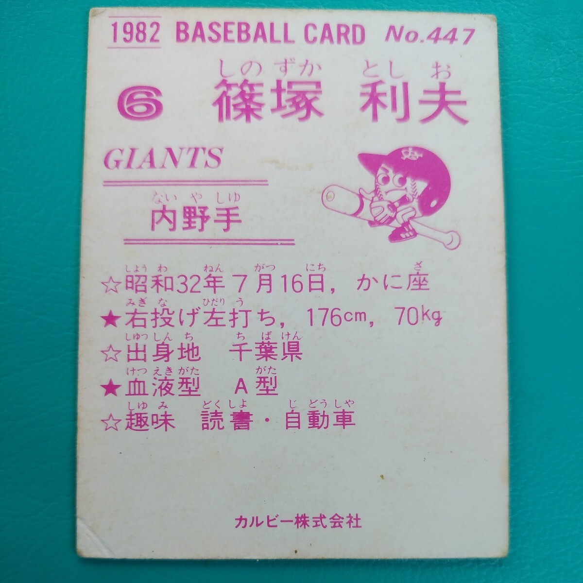 １９８２カルビー野球カード№４４７篠塚利夫（巨人）_画像2