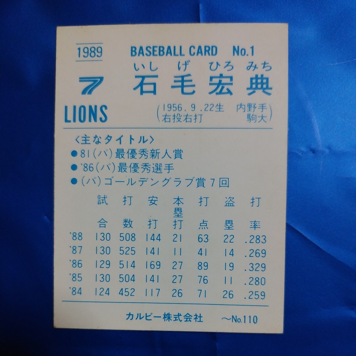 １９８９カルビー野球カード№１石毛宏典（西武）_画像2