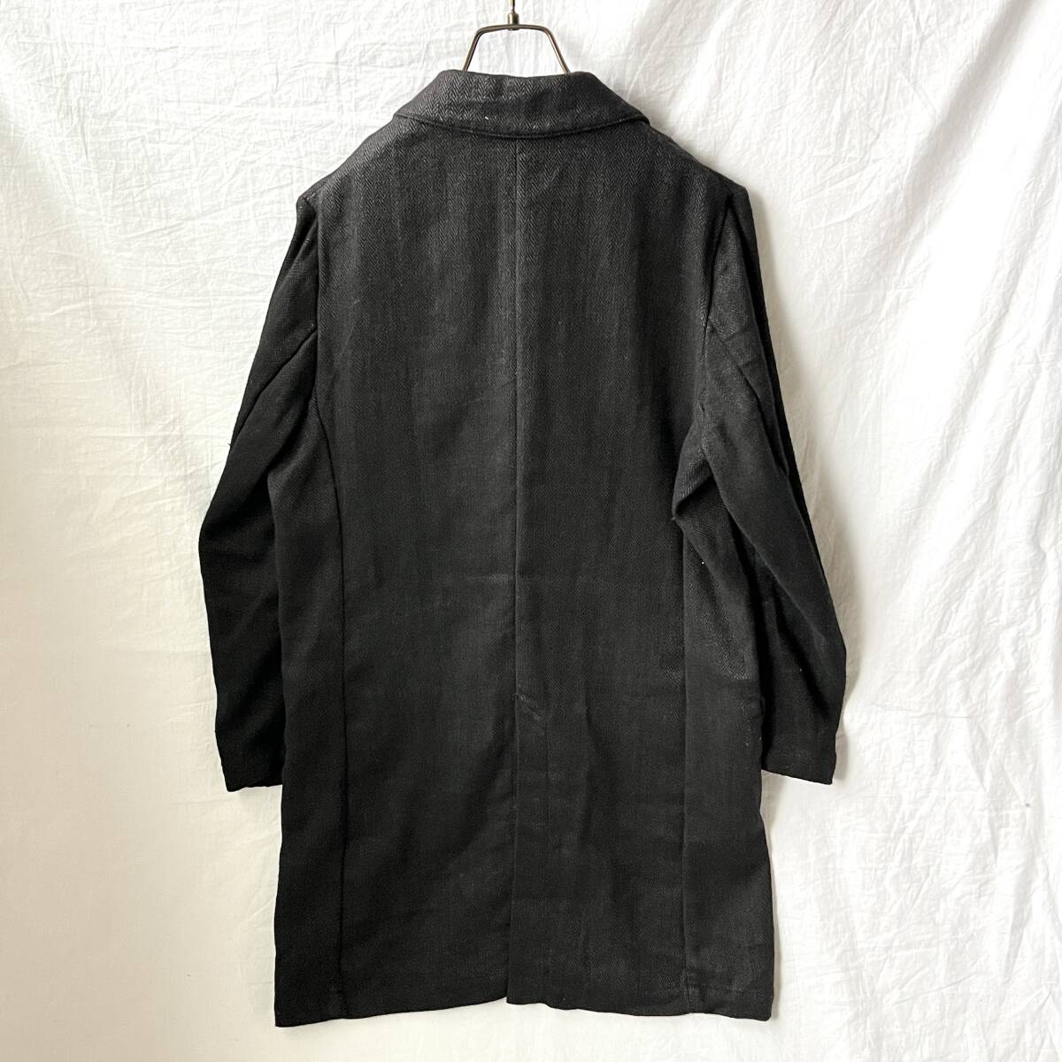 ◆fog linen work flw フォグリネンワーク ヘリンボーン 柔らかリネンウール チェスターコート チャコール ブラック